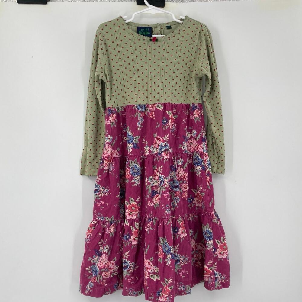 Mini Boden Floral Cottage Corduroy Polka Dot Dress Girls Size 5-6 Purple Green